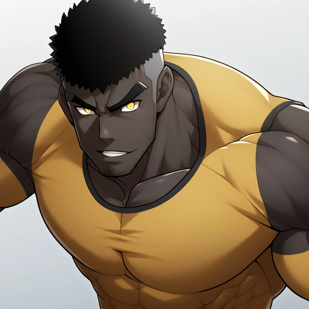 ?????, ?????, ?????, anime characters：Gyee, Muscle Sports Student, ????? black skin, 1 muscular tough guy, Manliness, male focus, Dark  Yellow long sleeve tights, Very tight, Round and full chest muscles, Slightly transparent, muscular male, muscular, only, Upper body, alone, Black short hair, Thick eyebrows, stubble, Yellow eyes, White background, simple background, amazing quality, best aesthetics, Ridiculous, bright pupils, crew cut, parted lips, seductive smile, torogao, naughty face, best quality