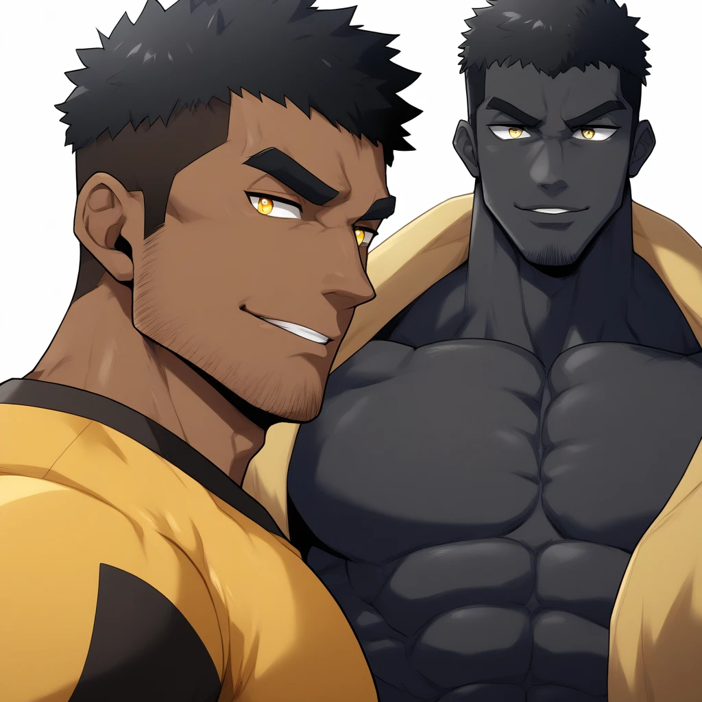 negro, negro, negro, anime characters:Gyee, Muscle Sports Student, negro black skin, 1 muscular tough guy, Manliness, male focus, Dark Yellow long sleeve tights, Very tight, Round and full chest muscles, Slightly transparent, muscular male, muscular, only, Upper body, alone, Black short hair, Thick eyebrows, stubble, Yellow eyes, White background, simple background, amazing quality, best aesthetics, Ridiculous, bright pupils, crew cut, parted lips, seductive smile, torogao, naughty face, best quality