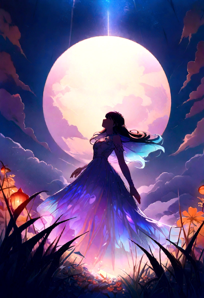 Makoto Shinkai, Expansive landscape photograph , (View from below，Displays the sky above and the clearing below), couple standing on flower field looking up, (full moon:1.2), ( meteors:0.9), (Starcloud:1.3), Far Mountain, Tree BREAK Production Art, (Warm light source:1.2), (Firefly:1.2), lamp lights, lots of purples and oranges, Intricate details, Volumetric lighting BREAK (Masterpiece:1.2), (Best quality), 4K, Ultra-detailed, (Dynamic composition:1.4), Highly detailed, Colorful details,( Iridescent colors:1.2), (luminouslighting, Atmospheric lighting), Dreamy, magical, (Solo:1.2)