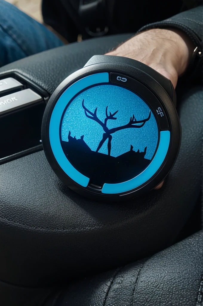 A mini GPS that can be attached to various other objects, called thing stag, black and blue color
