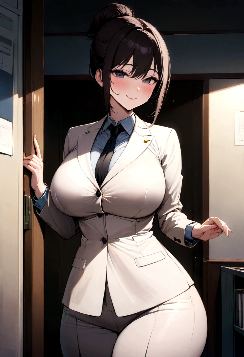 A Japanese female teacher, as beautiful as a 55-year-old actress, teaching in a Japanese school's student guidance office, (big breasts, big hips), curvy, (best quality, masterpiece, 16k, ultra detailed, beautiful skin, professional lighting), (actress: 1.2), (suit: 1.2), black chignon, smile