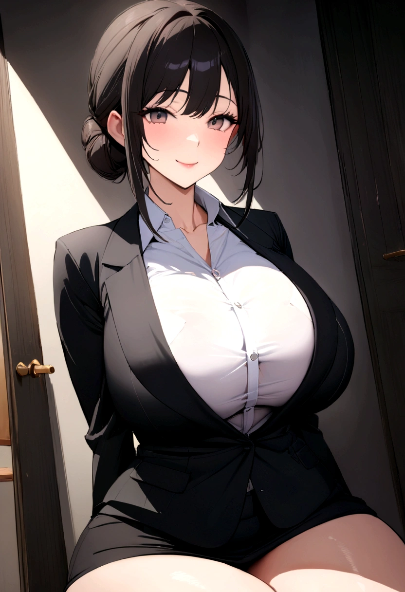 A Japanese female teacher, as beautiful as a 55-year-old actress, teaching in a Japanese school's student guidance office, (, big ), , (best quality, masterpiece, 16k, ultra detailed, beautiful skin, professional lighting), (actress: 1.2), (suit: 1.2), black chignon, smile