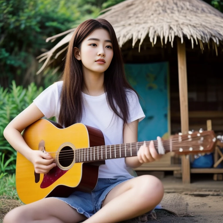Araffi woman sitting in front of a hut with a guitar, Jae Yeon Nam, Tzuyu from two times, Korean girl, Chinese girl, Jinyoung Shin, Roseanne Park of blackpink, Korean idol, girl playing guitar, gongbi, portrait of female Korean idol, beautiful south korean women, singer-songwriter, Korean artist, Xindong Chen, Wen Feiye