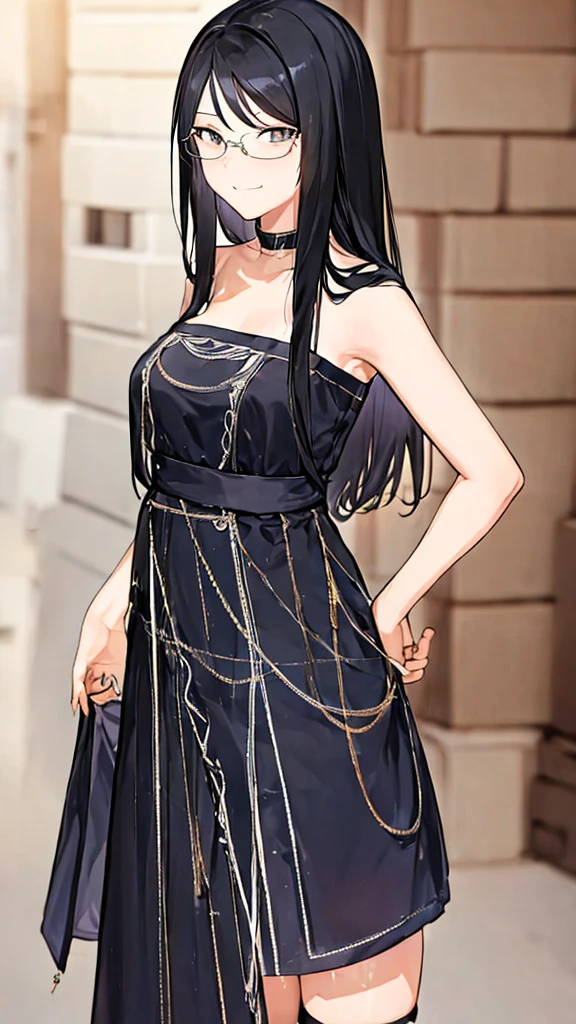 A 20-year-old cat girl with long black hair, gray eyes, cat ears and a cat tail, wears glasses, black  dresses Whole leg length sexy, sleeveless, standing