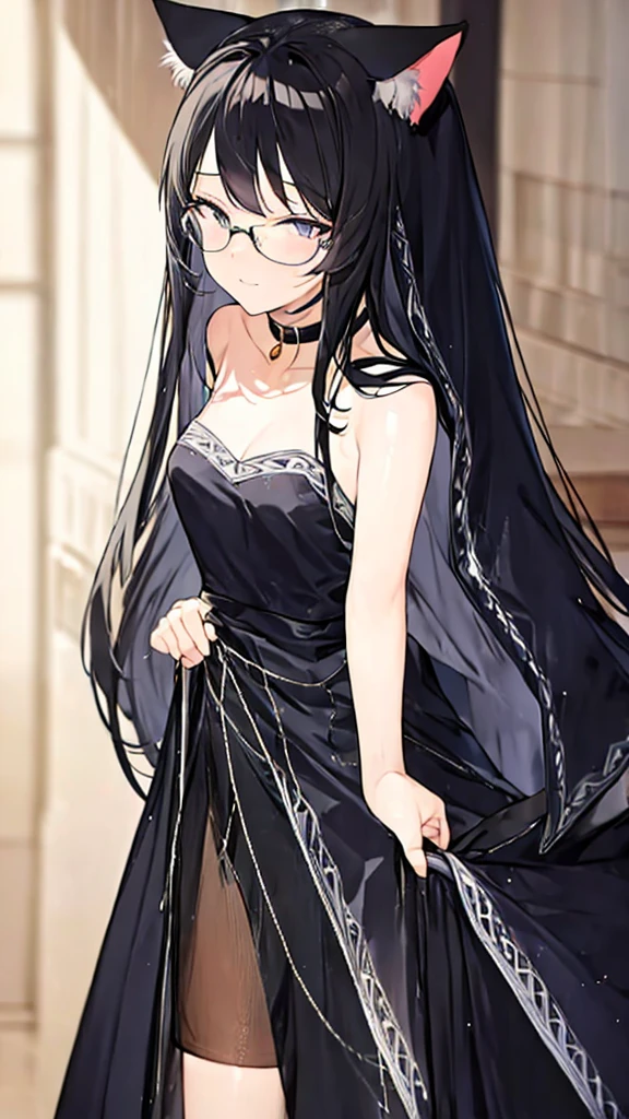 A 20-year-old cat girl with long black hair, gray eyes, cat ears and a cat tail, wears glasses, black  dresses Whole leg length sexy, sleeveless, standing