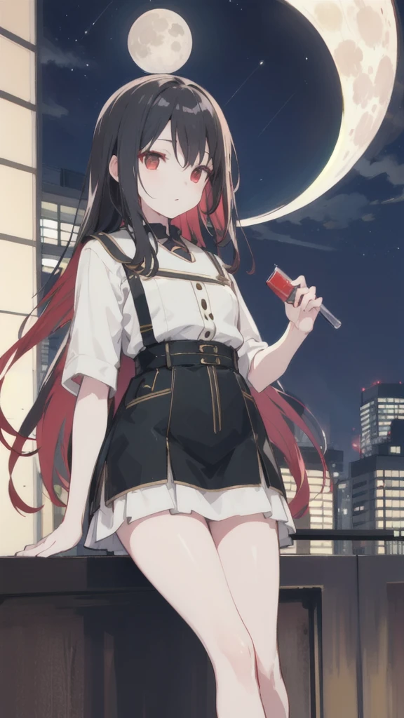 Woman 1、Red eyes、red miniature dachshund long hair、woman with very long black hair、Nice views、Night view、View from the top of the hill、Full moon night sky、Best Quality、The whole body is shown、東京のNight viewのように、Women are wearing mini skirts