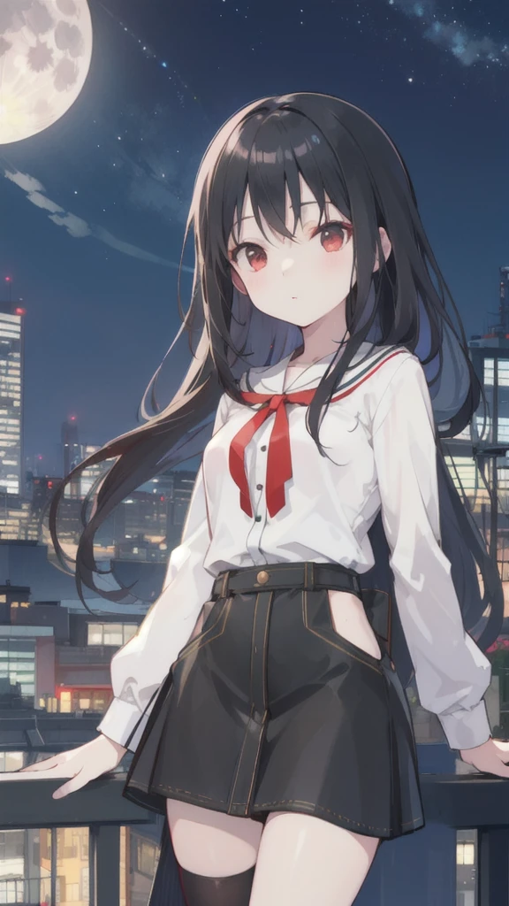 Woman 1、Red eyes、red miniature dachshund long hair、woman with very long black hair、Nice views、Night view、View from the top of the hill、Full moon night sky、Best Quality、The whole body is shown、東京のNight viewのように、Women are wearing mini skirts