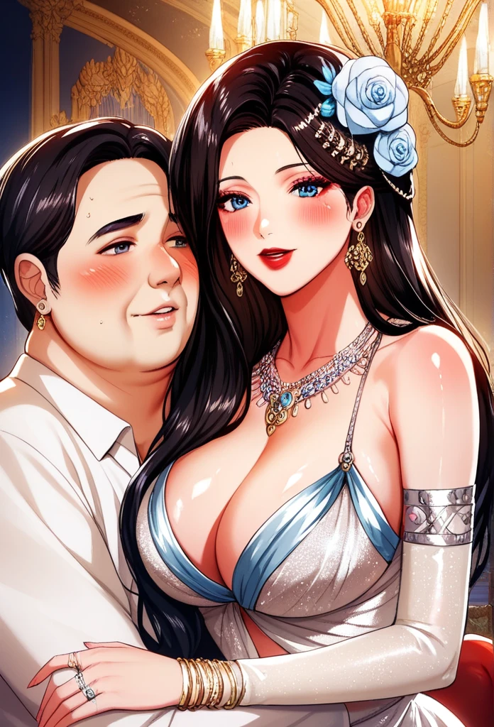 Hot sexy beautiful one princess with hugging ugly fat old man, long sparkling chandelier earrings,big breasts, ,black hair ,blush,blue eyes,red lipstick, chandelier jewelry,makeup, ornament, chandelier necklace,waist chain, rings,bangles,hair flower brochure,hair pins,hair chain, royal palaces and grand architecture, Traditional Indian sari, elegant draping style, intricate floral motifs, handwoven silk material, embellished with sequins and beads, sparkling gemstones and gold accents, artistic rendering of Indian culture, traditional jewelry and accessories, indian traditional wedding saree, crown ,