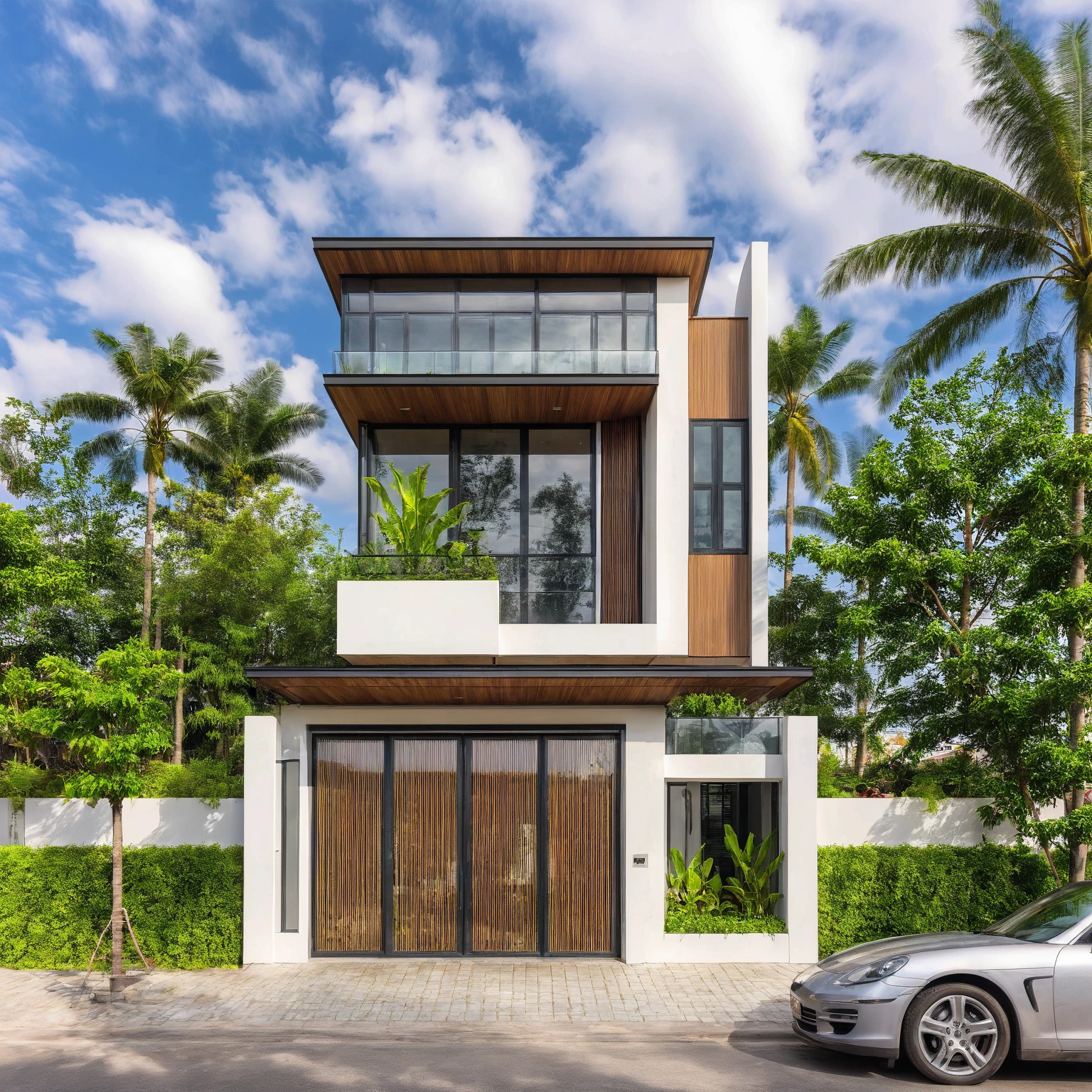 Raw photo,Masterpiece, high quality, best quality, authentic, super detail, outdoors, house style modern,bietthuhn, white wall, glass windows, gate road,pavement, grass, trees, sky, cloud, (day:1.1),