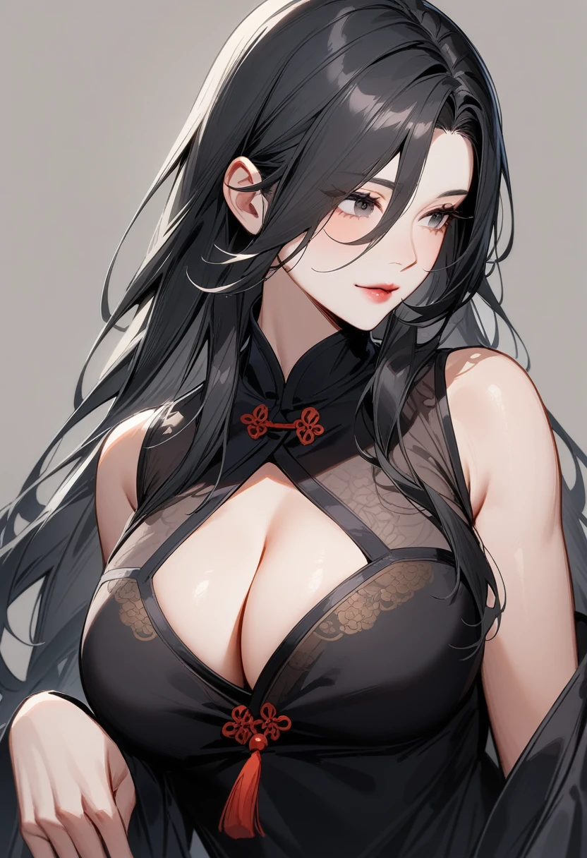 Mature women,Black long hair,Chinese style,Showing cleavage,Beautiful black eyes,Extremely detailed,high resolution,Simple background