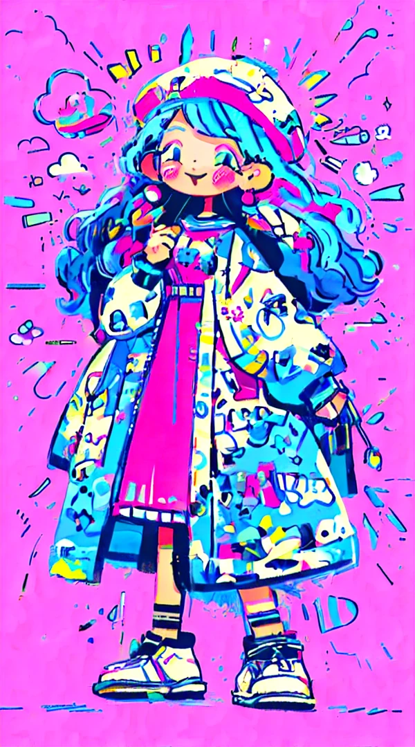 girl, wearing pink blouse, blakc skirt, beret, long blue hair, curly hair, big earrings, smiling and happy. Hands spread out, head tilted slightly upwards, very happy, lots of shopping bags hanging from her hands, simple background, colorful,Full body, side view, clean background, 