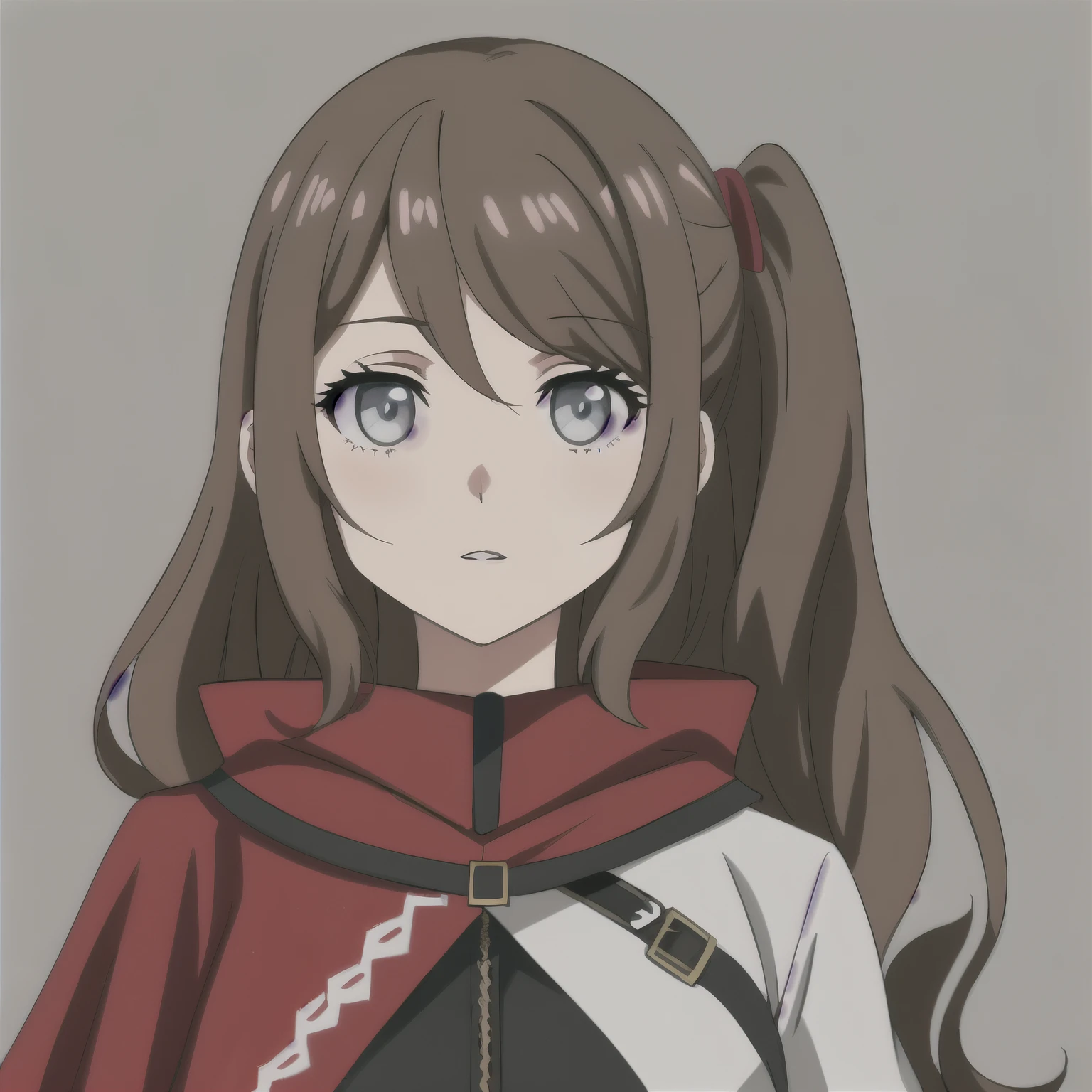 (high-quality, breathtaking),(expressive eyes, perfect face) 1girl, female , solo, portrait, Symmetrical Eyes, brown hair color, pink eye color, short hair length, curly wavy hair, Code Vein, Code Vein game character, Code Vein Clothing, Code Vein revenant, God Eater inspired clothing, white shirt, red cloak, grey background, modern fantasy clothing, detailed eyes, side ponytail