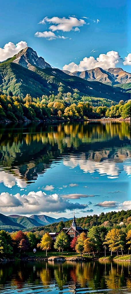 a close up of a cell phone with a picture of a lake and a house, beautiful lake background, amazing wallpaper, detailed scenery —width 672, stunning nature in background, detailed lake in background, detailed scenic view, beautiful wallpaper, amazing background, stunning screensaver, lake background, anime nature wallpap, amazing depth, eye - level view, water landscape