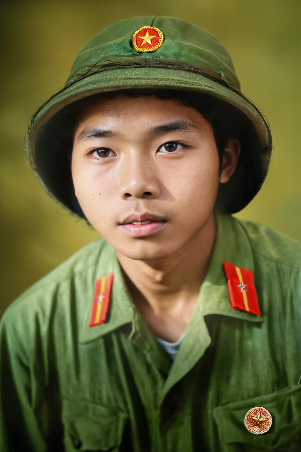 Highly realistic photo, Portrait of a 25 year old Vietnamese young boy , curly gray hair,  The light from above shines down, (dark blue background), photo taken in 1975 by Fujifilm XT3, a colorized photo