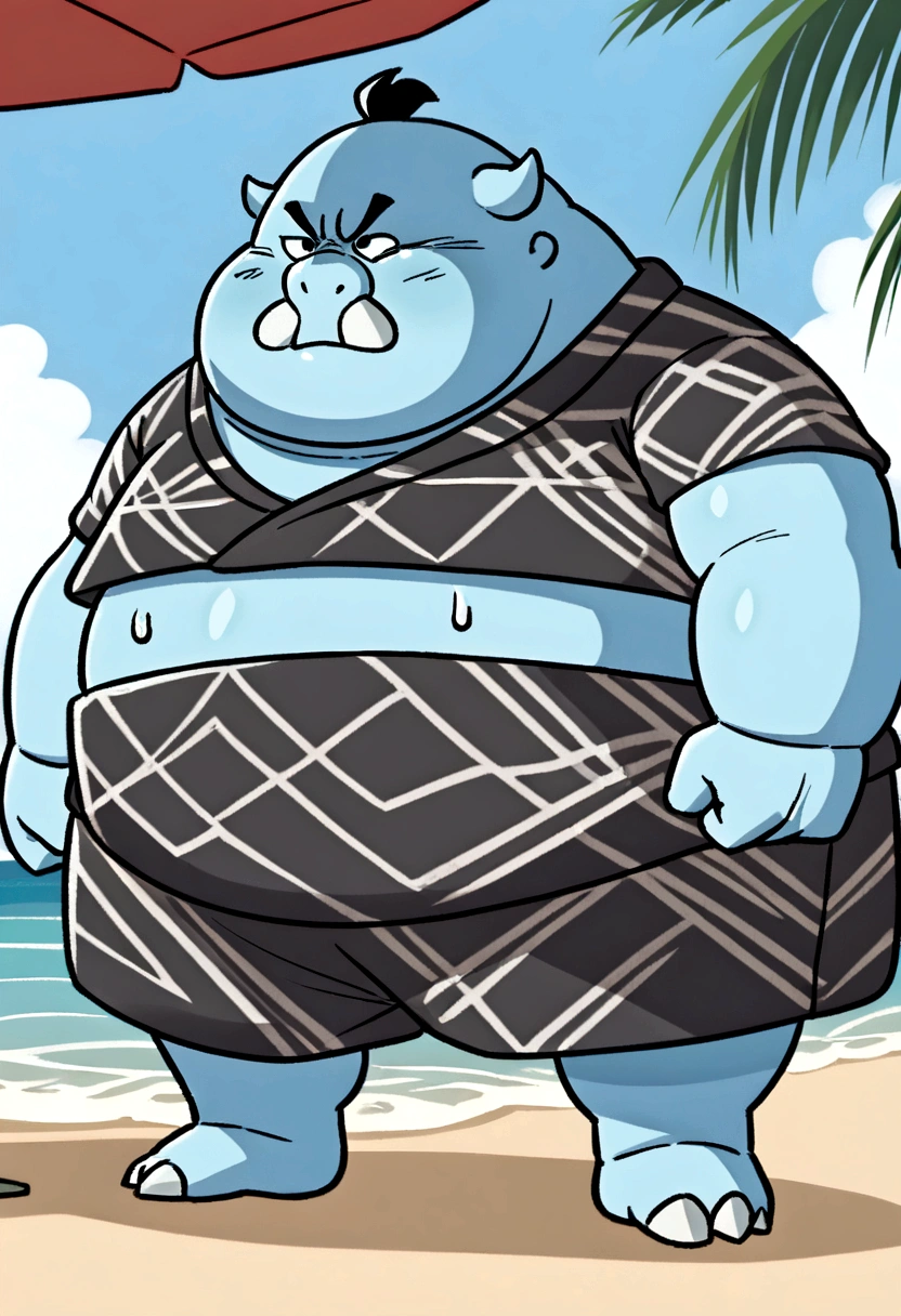 chubby, fatter, potbellied, ember (Jinbei) standing at the beach, blue skin,, Jinbe, tusks, cosplay de oso, hard penis 