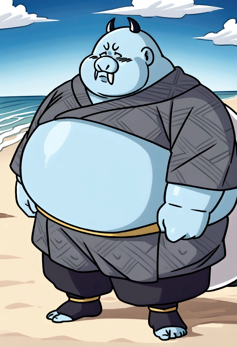 chubby, fatter, potbellied, ember (Jinbei) standing at the beach, blue skin,, Jinbe, tusks, cosplay de oso, hard penis
