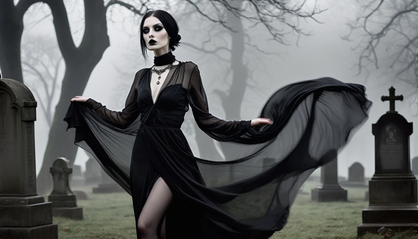 A stunning, high-realistic, full body photograph of a skinny slender scandinavian goth woman goth tatttos, pale skin, goth make-up dramaticly dancing at old graveyard, fog, dark sinister atmospheric. clothed only in intricately draped, flowing black silk scarves, evoking a sense of elegance and grace. Captured in a monochromatic color palette, the black and white tone amplifies the textures and shadows, adding depth to the fluid, energetic movement of the subject. Soft, diffused lighting accentuates the woman's sinuous curves, as her slender limbs seem to blur in motion, exuding a sense of freedom and melancholy.