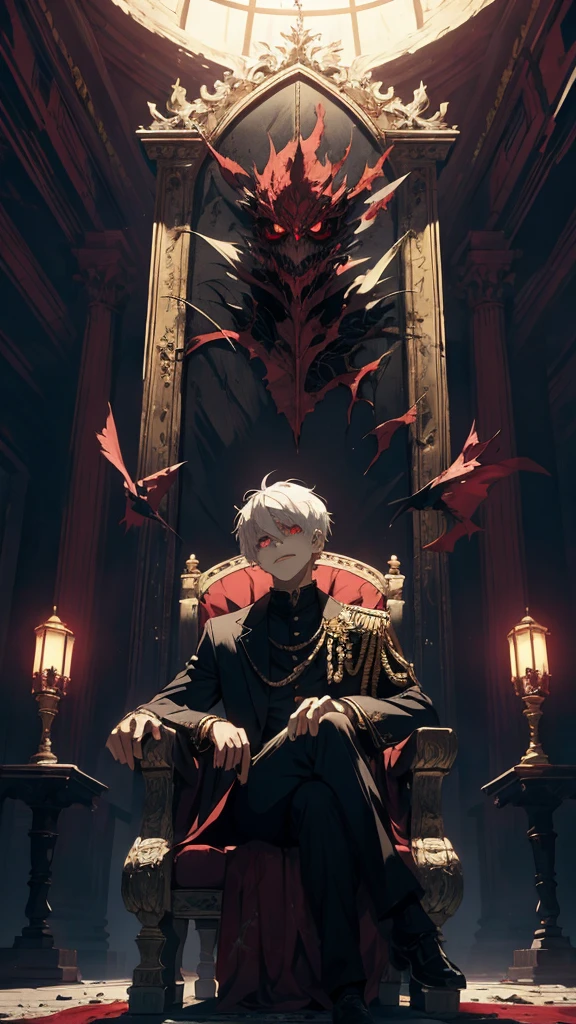 white haired, A red-eyed prince sits on a majestic throne inside an abandoned palace. The environment around it is dark and gloomy, with evil red eyes in the walls and cobwebs hanging there. The throne is richly decorated, with details of gold and precious stones, and covered with a dusty cloth. The protagonist is dressed in royal clothes, with Kaneki's expression on his face, when he looks at the horizon with glowing red eyes, Masterpiece, Best Quality, Ultra-detailed, illustartion, concept art in 8K resolution, Fantasy art, epic art, concept art wallpaper 4k, Deep color, natural lighting
