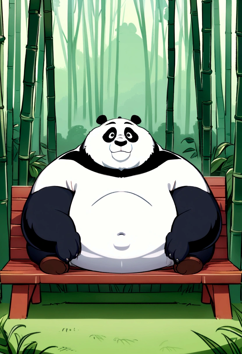 after(Kung Fu Panda), man, Obese, gordo, naked, bench and black fur, panda, giant panda, Alone , In the Bamboo Forest, hard penis, big penis, green eyes,