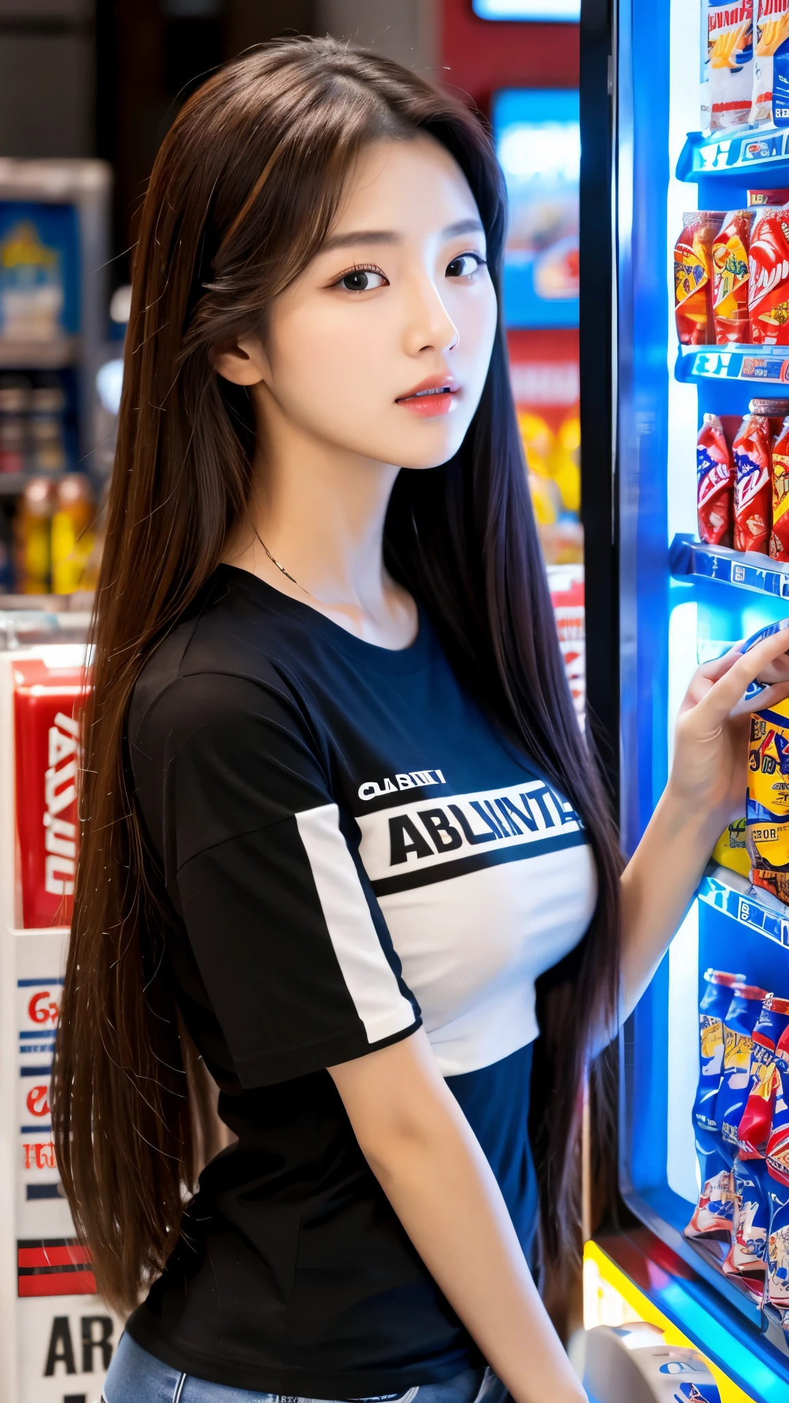 extreme close-up of beautiful korean female, 34 inch  size, wearing black t-shirt, holding cola can, standing beside vending machine, UHD