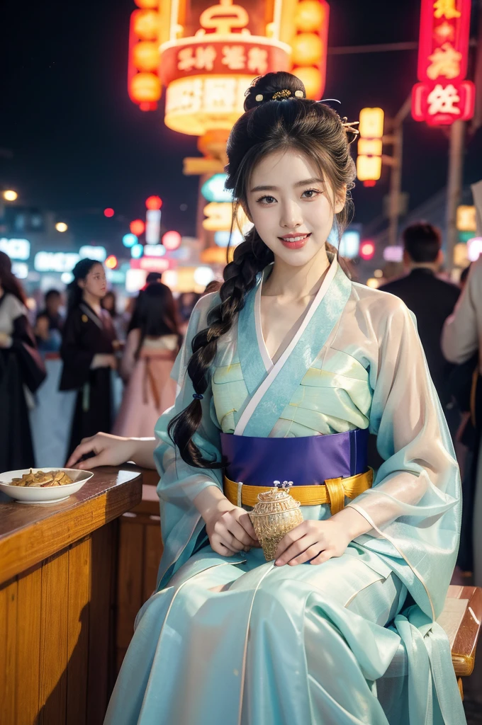 (((best quality))),(((ultra detailed))),(((masterpiece))),illustration,1girl,bun hair,(see through gauze hanbok:1.3),collar,slim,flat chest,laughing, summer night,Korean city scape, street, neon signs, beautiful, vibrant, detailed facial features,medium hair, elegance, cultural atmosphere, bustling city,tall buildings full of colorful advertisements, reflections, lively atmosphere, street food aroma,full body