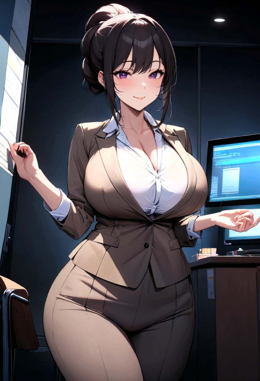 A Japanese female teacher, as beautiful as a 55-year-old actress, teaching in a Japanese school's student guidance office, (big breasts, big hips), slender, (best quality, masterpiece, 16k, ultra detailed, beautiful skin, professional lighting), (actress, blouse: 1.2), (suit: 1.2), black chignon, smile