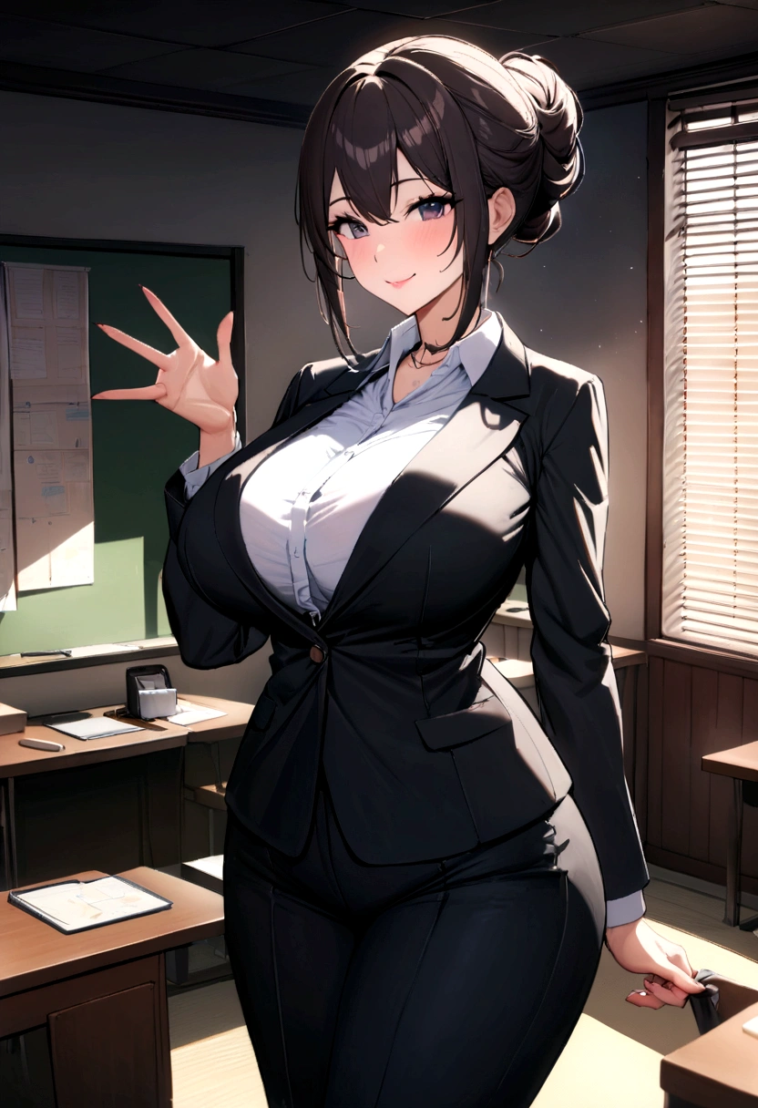 A Japanese female teacher, as beautiful as a 55-year-old actress, teaching in a Japanese school's student guidance office, (big breasts, big hips), slender, (best quality, masterpiece, 16k, ultra detailed, beautiful skin, professional lighting), (actress, blouse: 1.2), (suit: 1.2), black chignon, smile