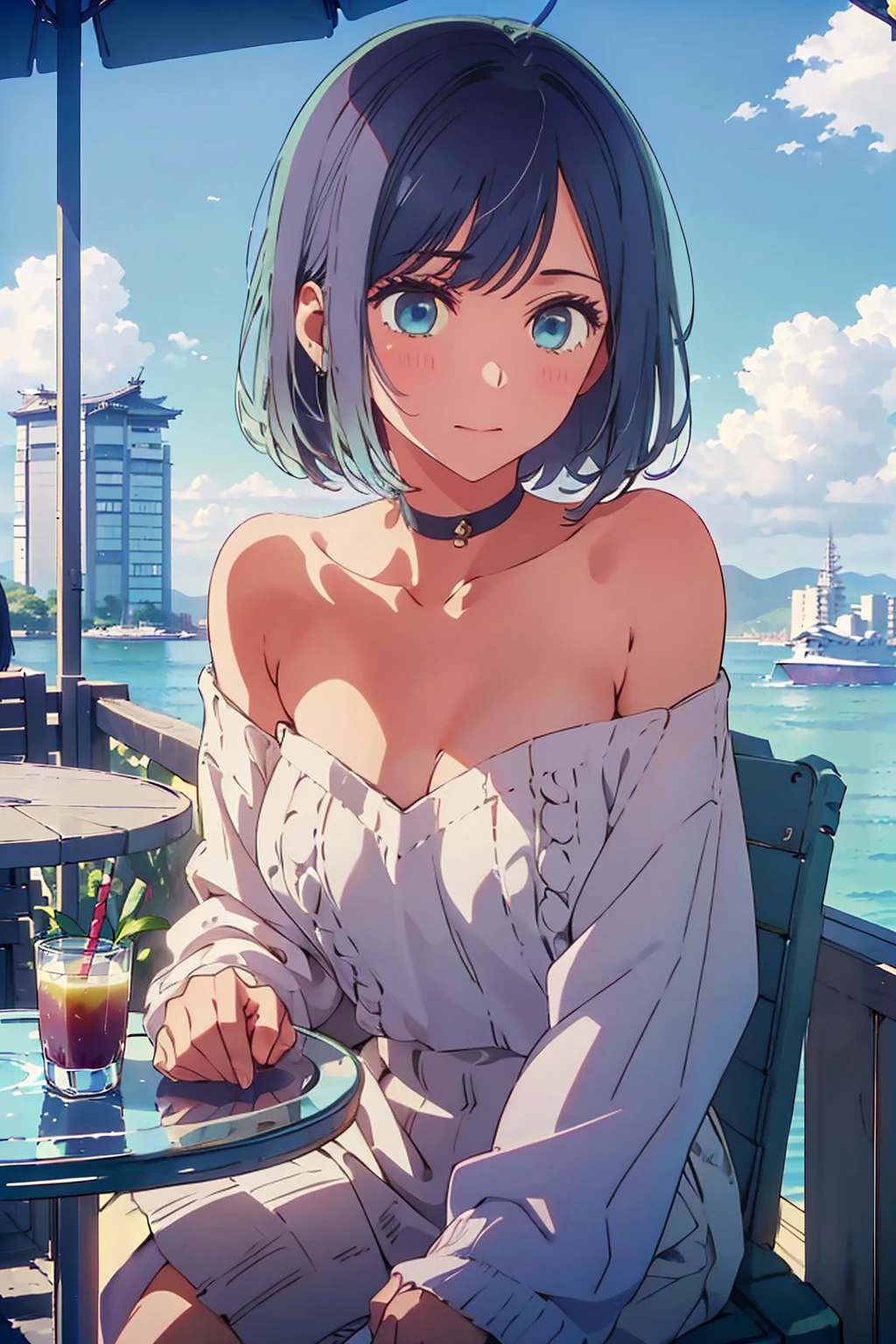 (Highest quality:1.4、8K:1.4、detailed)、F cup bust、Big Breasts、Slim body、Very white beautiful skin、((((1 person、Troubled expression、sit、Chair、In the background are the urban buildings of Tokyo、looking at the camera、Outdoor café terrace、coastal、Navy hair color、juice、table、、Shooting up close、Shooting from an angle、Very cute face))))、((((nude、Areola))))、(Pose with hair tucked behind ear with one hand:1.4)、(((Oversized off-the-shoulder sweater)))、Nipples、Very blue sky、A completely cloudless sky