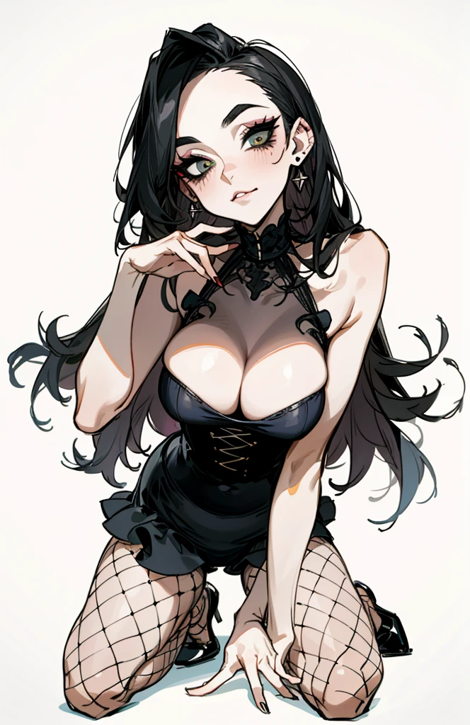 （best quality，masterpiece：1.2，detailed details，4k），((masterpiece)), ((best quality)), (ultra-detailed), anime style,large breast, slim, slender, ashamed, all fours ，Kneeling,Girl with modern gothic makeup, fair skin, long legs, black eyeshadow, camisole, plump figure, earrings and lip studs, fishnet stockings, posing in an attractive pose, lovable expression