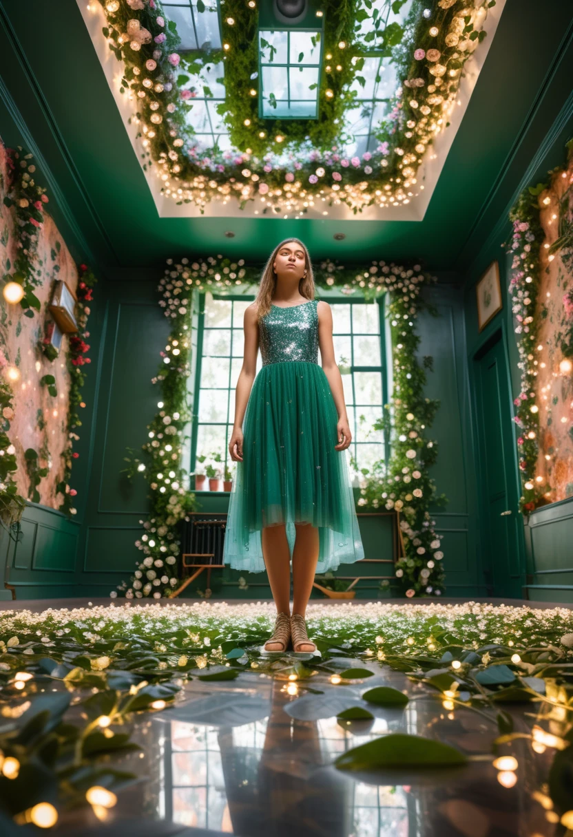 extreme low angle photo taken from below of a young woman with sleeveless dress, standing inside a room full with flowers and green leaves and fairy lights on its walls and ceilings. The floor and walls are made from 1 seamless mirror, creating ethereal reflections.