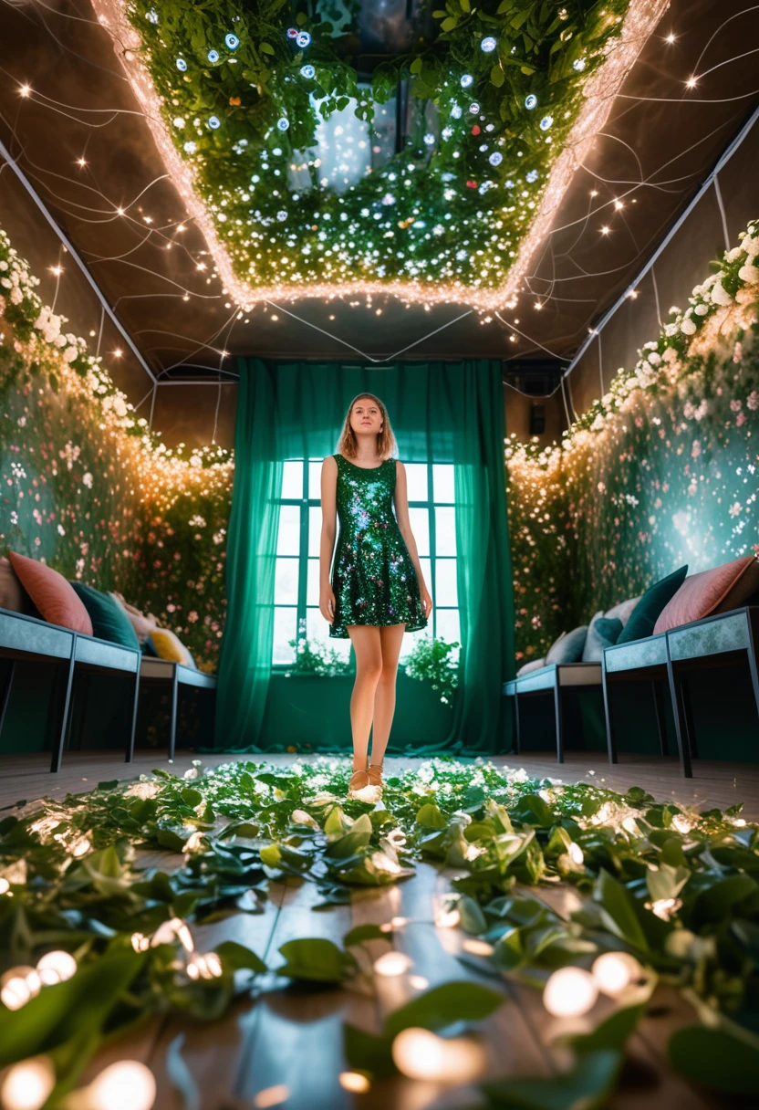 extreme low angle photo taken from below of a young woman with sleeveless dress, standing inside a room full with flowers and green leaves and fairy lights on its walls and ceilings. The floor and walls are made from 1 seamless mirror, creating ethereal reflections.