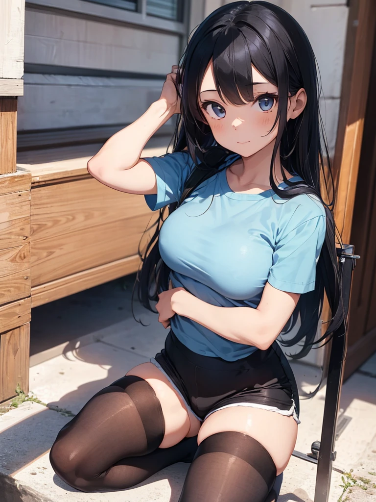 1 girl, (short sleeve, mini-shorts, black stockings, light blue t-shirt, tight clothing), perfect body, detailed face, detailed eyes, full body, image taken from afar