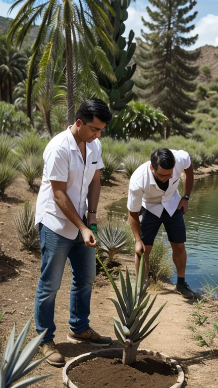 Two men scientists are planting Puya Raimondi (plant is short) sapling in front of the river