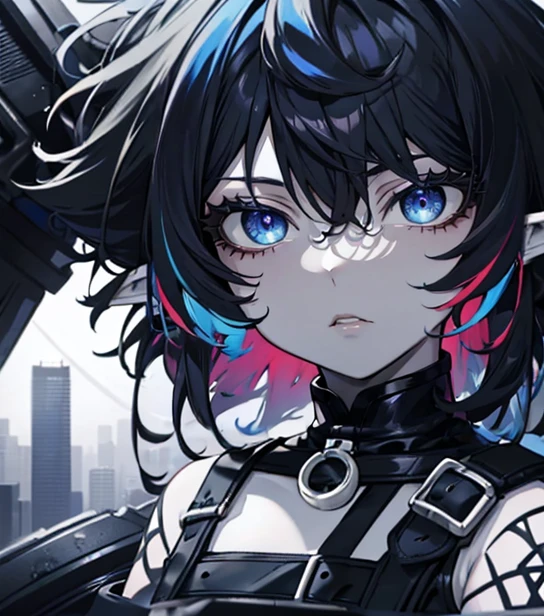 (masterpiece,best quality,ultra-detailed),1girl,messy hairstyle,thick hair,short hair, multicolored hair,blue and red and black hair, black hair,aesthetic hairstyle,pointy ears,(colored skin,blue skin,pale blue skin,grey-blue skin), beautiful and detailed face, detailed eyes,rock punk fashion,night,fog,looking at viewer,,((grey theme)),((rock punk theme)),