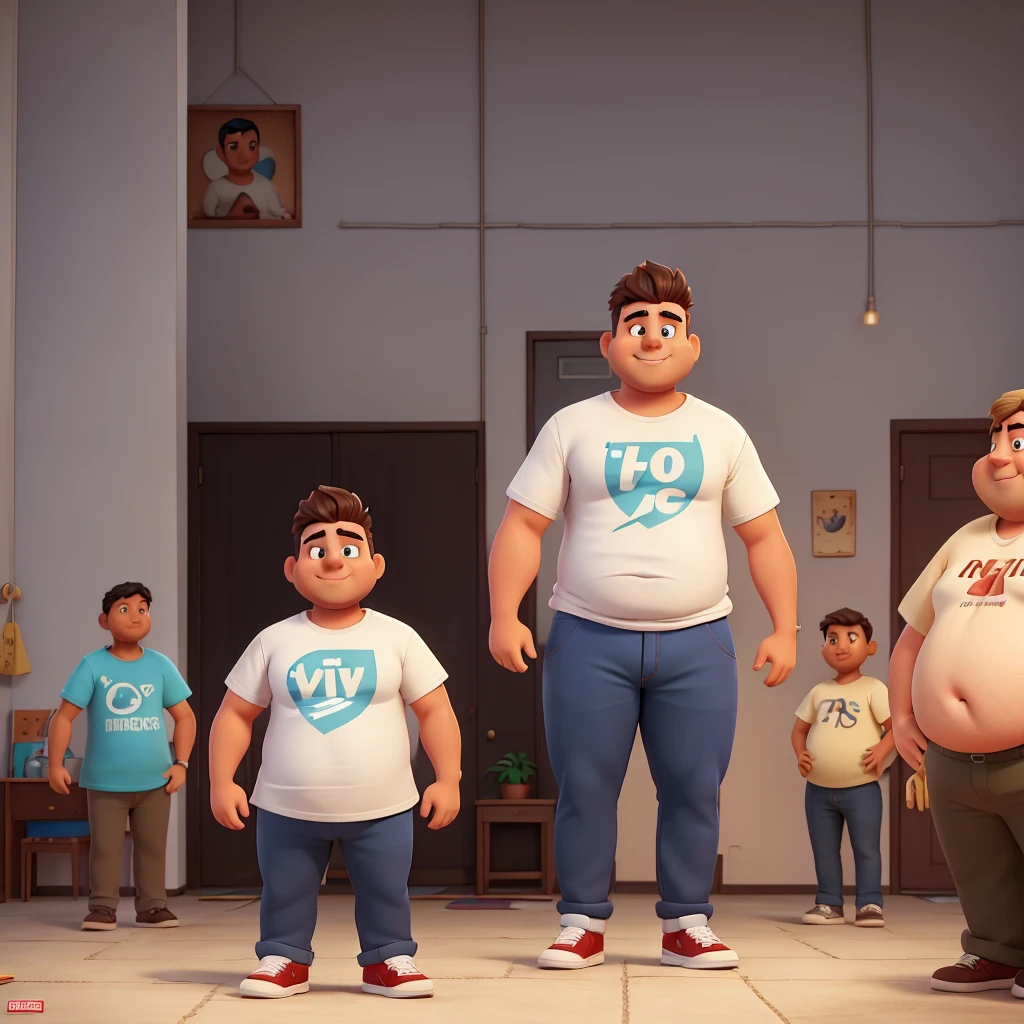 create a cartoon or graphic based image of a young Indian white complexion lad having gynecomastia condition (huge sagging fatty pointy chest / breasts) , wearing a tshirt, depressed and sad, looking towards his fat chest and worried about what people think about his fat chest also keep few people in the background looking at his fat sagging pointy breasts and few people laughing , smiling and staring towards him.
