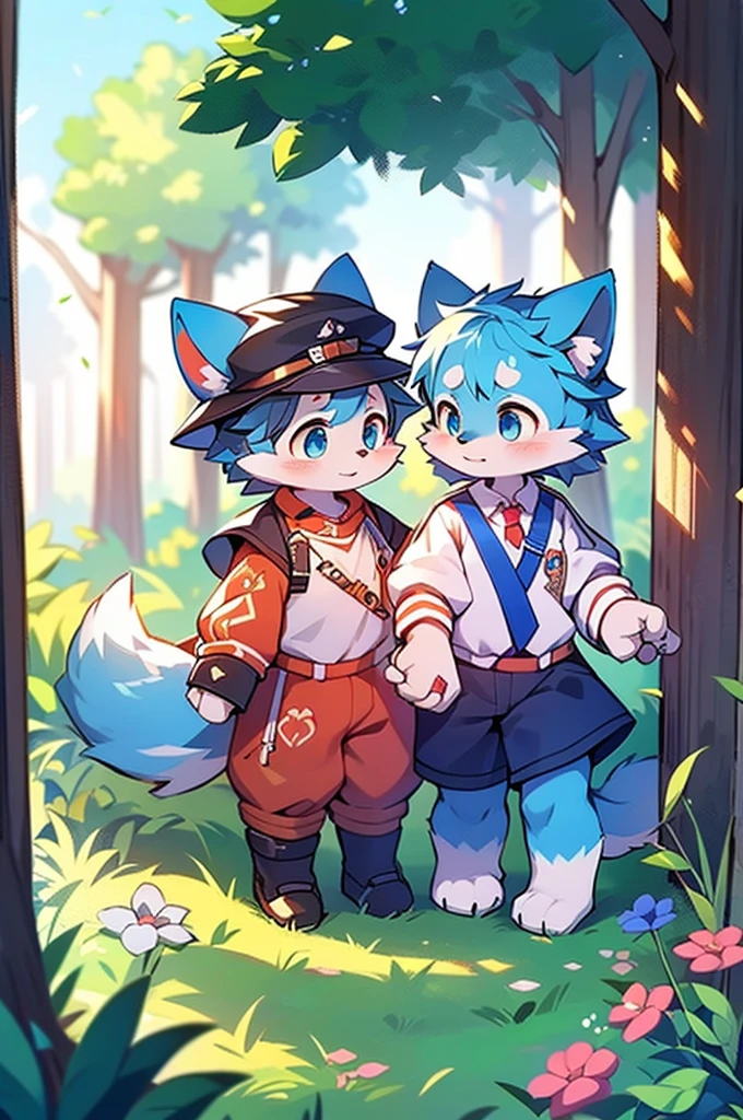 Blue fur, Canine, fox motif, Couple of girls and boys, uniform、Hold hands，
