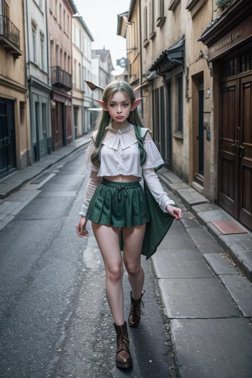 Elf girl, beautiful girl with elf ears , short outfit beautiful thing , walking a medieval street , 13 year old girl 