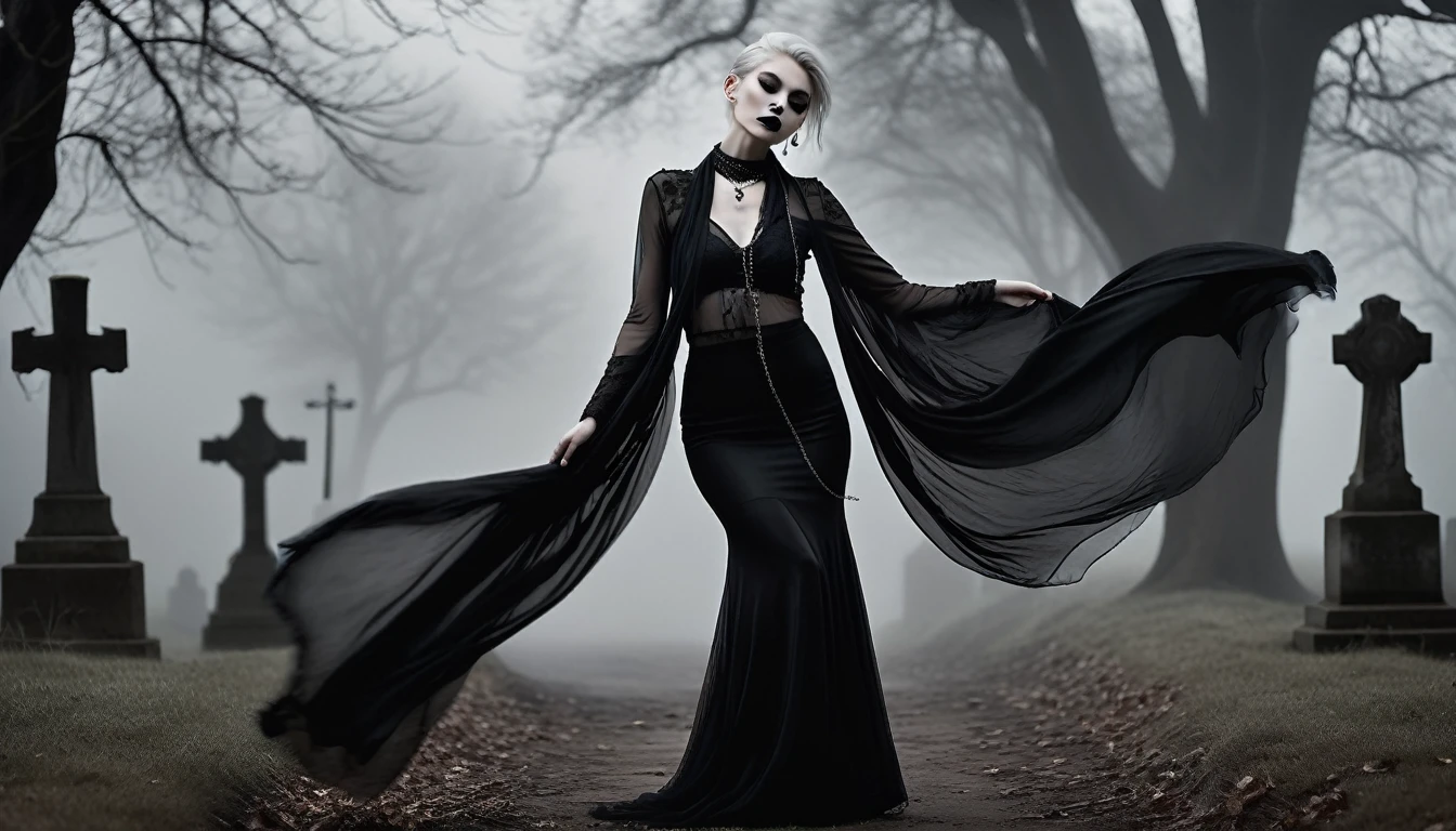 A stunning, high-realistic, full body photograph of a skinny slender scandinavian goth woman goth tatttos, pale skin, goth make-up dramaticly dancing at old graveyard, fog, dark sinister atmospheric at night. clothed only in intricately draped, flowing black silk scarves, evoking a sense of elegance and grace. Captured in a monochromatic color palette, the black and white tone amplifies the textures and shadows, adding depth to the fluid, energetic movement of the subject. Soft, diffused lighting accentuates the woman's sinuous curves, as her slender limbs seem to blur in motion, exuding a sense of freedom and melancholy.