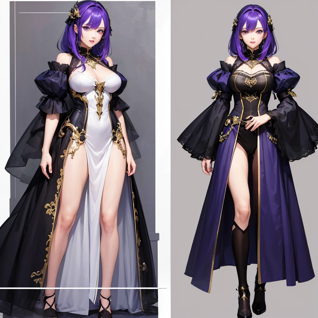 ((masterpiece, Highest quality)), Detailed face,Anime Style, One Man,Character design sheet, Lesbians all over, Full of details, front, Rear view of the torso, Very detailed, depth, Many details, ((Character Concept Art)), ((Character design sheet, same characters, front, ~ ~ side)) Purple Hair,blue eyes,magician,Costume Clothes,Grin,Shut your mouth.,