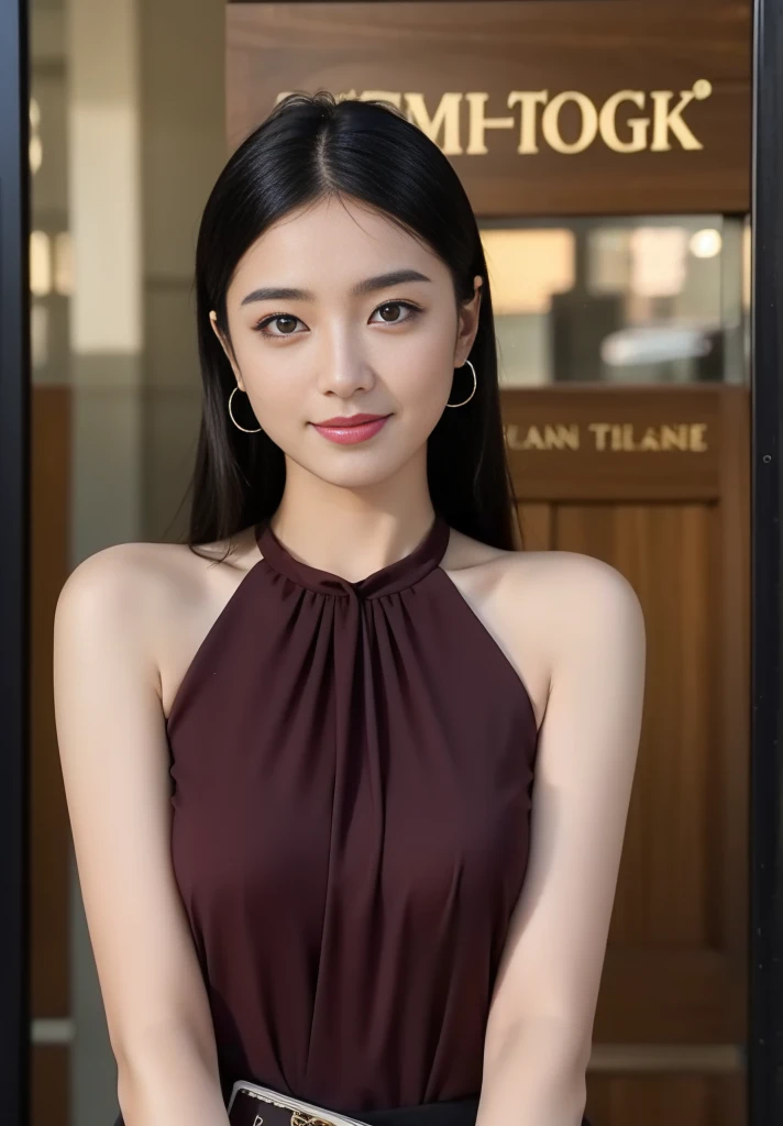 (best quality,4k,8k,highres,masterpiece:1.2),ultra-detailed,(realistic,photorealistic,photo-realistic:1.37), reporter, wearing an expensive feather coat, alluring smile, beautiful girl youthfulness,huge Bearsts, vibrant colors, professional lighting, detailed background, vintage style, focused expression, elegant pen, notebook with shorthand notes, confident posture, intriguing gaze, bustling city streets, dynamic composition