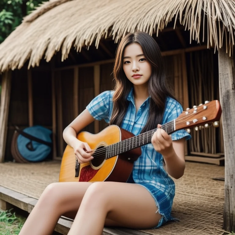 Araffi woman sitting in front of a hut with a guitar, Jae Yeon Nam, Tzuyu from two times, Korean girl, Chinese girl, Jinyoung Shin, Roseanne Park of blackpink, Korean idol, girl playing guitar, gongbi, portrait of female Korean idol, beautiful south korean women, singer-songwriter, Korean artist, Xindong Chen, Wen Feiye