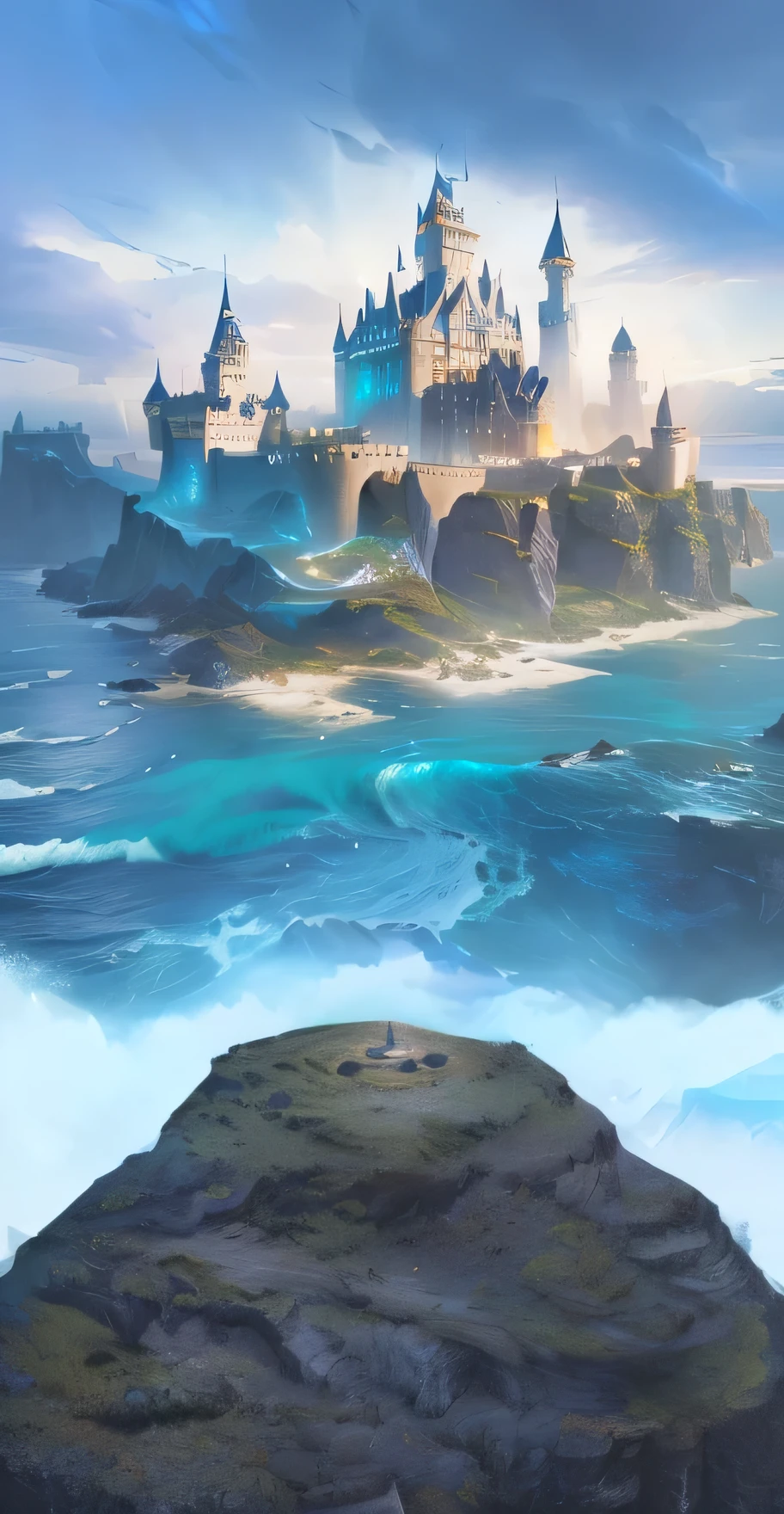 A castle on a cliff overlooking the sea, storm lighting, fantasy art by Jessica Rossier, water-filled fantasy landscape, close-up fantasy and water magic, Unreal Engine fantasy art, angel's hall, Sylvain Sarrail, epic fantasy card game art, epic island landscapes, splash art, promotional art, official ink wash painting