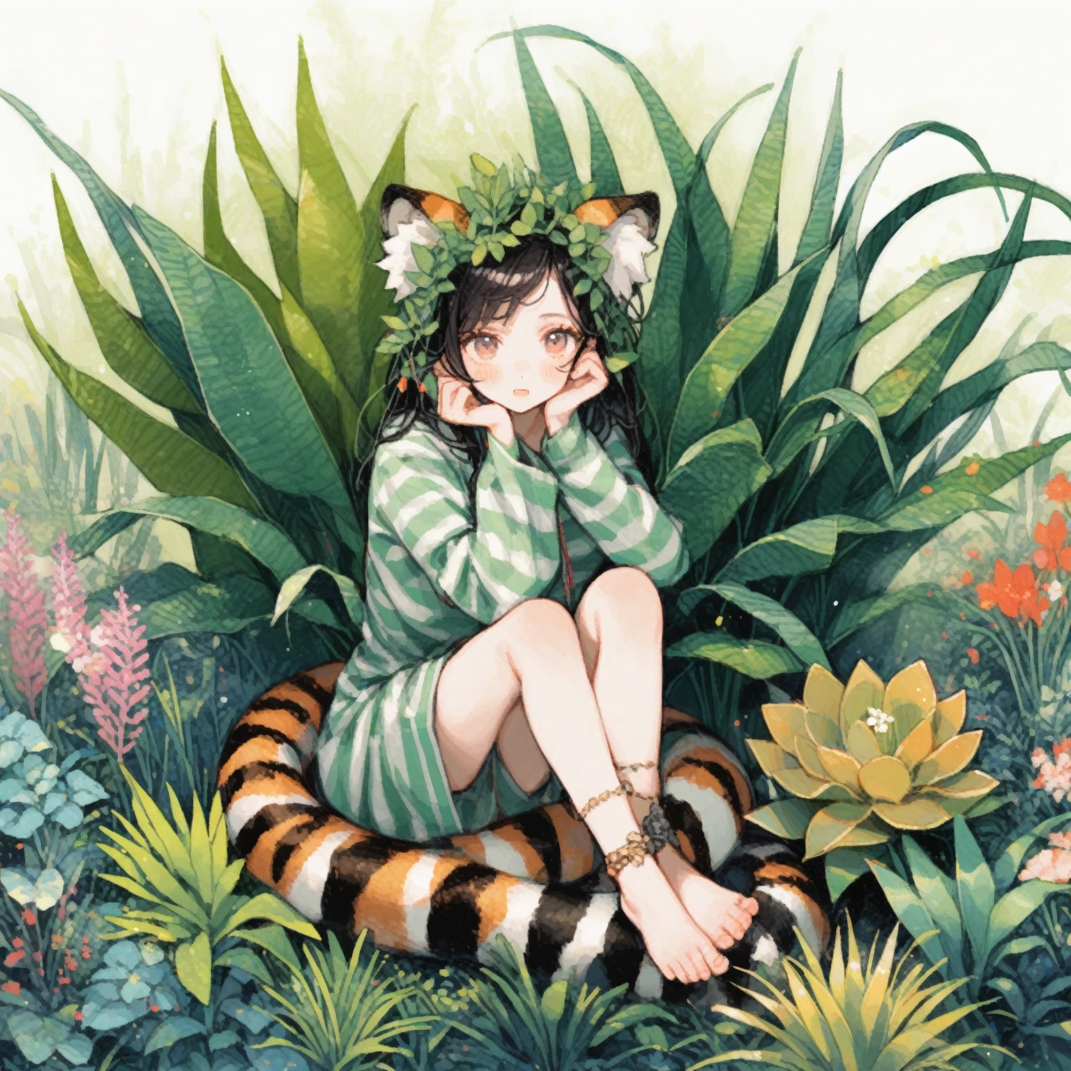 1girl、Dracaena trifasciata (Prain) Mabb.、「perpetual」「immortal」、Snake Plant、Tiger ears、Tiger tail、tegaki