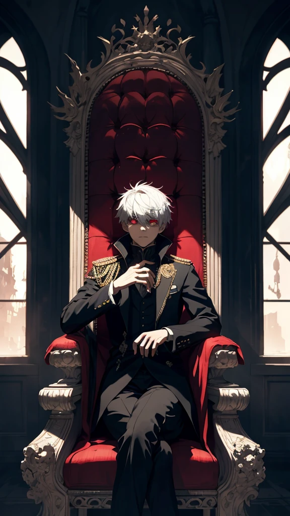white haired, A red-eyed prince sits on a majestic throne inside an abandoned palace. The environment around it is dark and gloomy, with evil red eyes in the walls and cobwebs hanging there. The throne is richly decorated, with details of gold and precious stones, and covered with a dusty cloth. The protagonist is dressed in royal clothes, with Kaneki's expression on his face, when he looks at the horizon with glowing red eyes, Masterpiece, Best Quality, Ultra-detailed, illustartion, concept art in 8K resolution, Fantasy art, epic art, concept art wallpaper 4k, Deep color, natural lighting