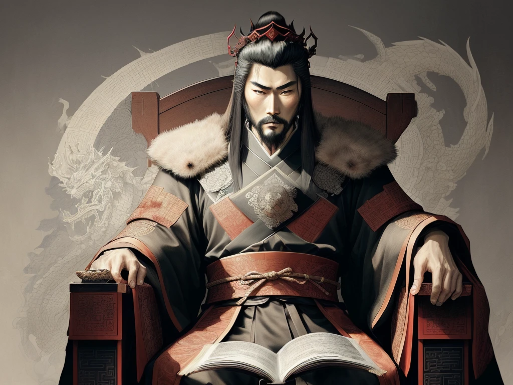 Sfumato, ink art, dry brush, A cunning and strategic portrait of Cao Cao, a warlord from the Three Kingdoms era. He wears a royal robe with dragon patterns, a crown, and has a sharp, intelligent look. He is seated on a throne, holding a fan, surrounded by maps and scrolls.