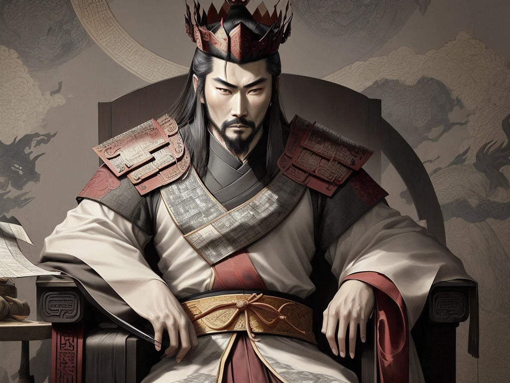 Sfumato, ink art, dry brush, A cunning and strategic portrait of Cao Cao, a warlord from the Three Kingdoms era. He wears a royal robe with dragon patterns, a crown, and has a sharp, intelligent look. He is seated on a throne, holding a fan, surrounded by maps and scrolls.