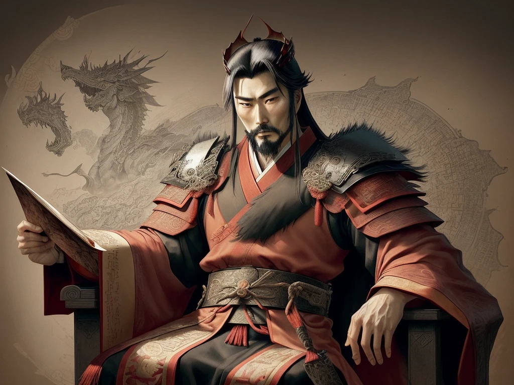 Sfumato, ink art, dry brush, A cunning and strategic portrait of Cao Cao, a warlord from the Three Kingdoms era. He wears a royal robe with dragon patterns, a crown, and has a sharp, intelligent look. He is seated on a throne, holding a fan, surrounded by maps and scrolls.