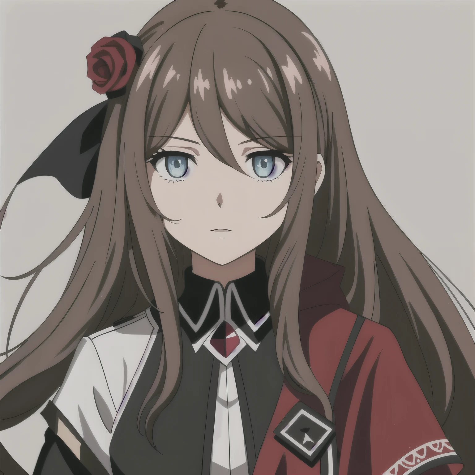 (high-quality, breathtaking),(expressive eyes, perfect face) 1girl, female , solo, portrait, Symmetrical Eyes, brown hair color, pink eye color, long hair length, curly wavy hair, Code Vein, Code Vein game character, Code Vein Clothing, Code Vein revenant, God Eater inspired clothing, white shirt, red cloak, grey background, modern fantasy clothing, detailed eyes, side ponytail
