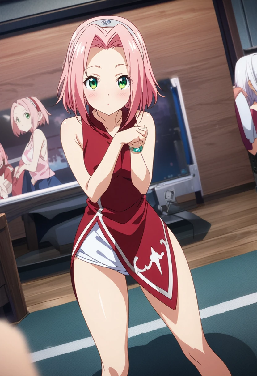 Anime girl with pink hair and green eyes posing for a photo, Haruno Sakura, best anime 4k konachan wallpaper, seductive anime girl, I'll do fanart too, sakura petals around her, splash art anime , anime style 4k, anime moe artstyle, high quality anime style, detailed anime images, Anime wallpaper, best anime girl