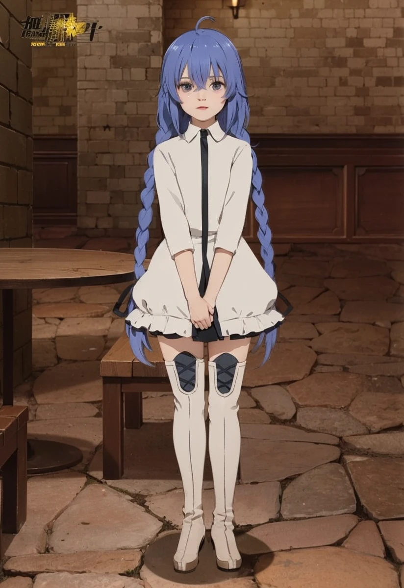 Blue hair girl,white dress with blue long chain, wearing white stocking